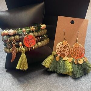 Green and Gold Beaded Bracelet Set with Earrings